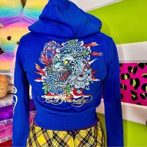 🔥🐉 Ed Hardy Blue Dragon Zip Hoodie Small Y2K Tattoo Streetwear